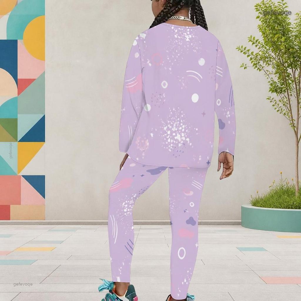 Girls Round Neck Long Sleeve Black Blue Printed Top And Fitted Pants Two Piece Set