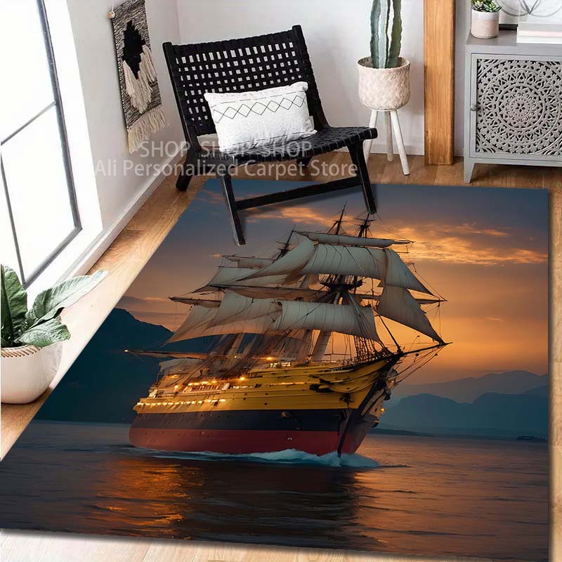 Medieval Sailing Ships At Sea Pattern Carpet for Living Room Bedroom Sofa Home Decor Non-slip Floor Mat Large Size Outdoor Rug