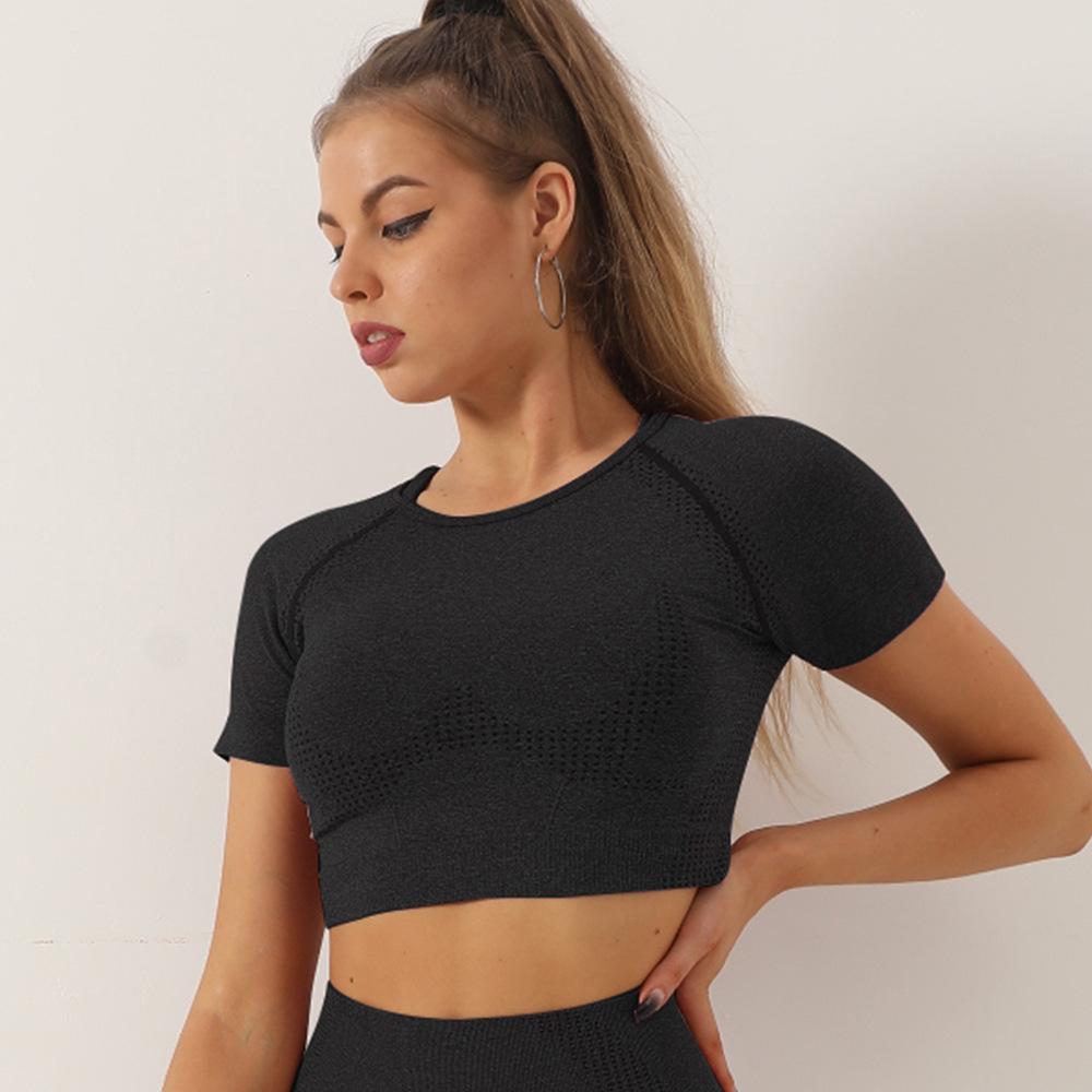 Женский бесшовный костюм для йоги с коротким рукавом - Влагоотводящая, быстросохнущая фитнес-футболка