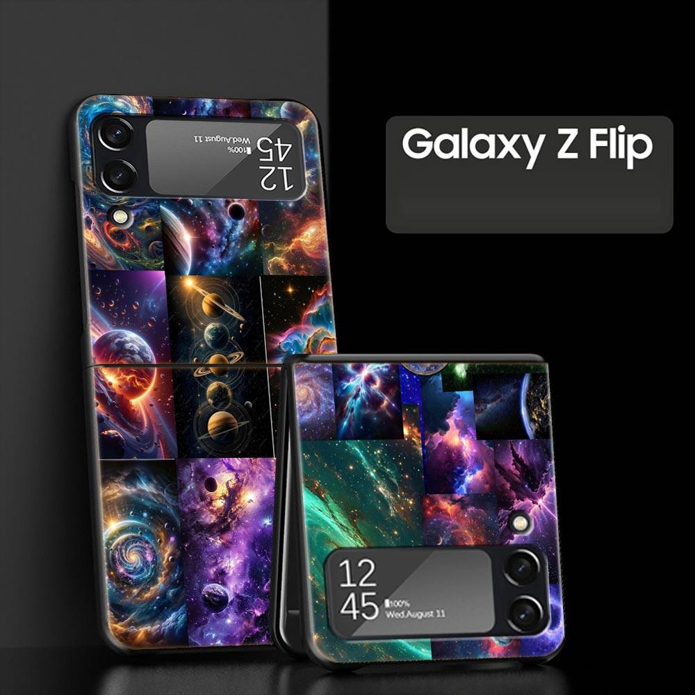 Universe Starry Sky Moon Hard PC Phone Case For Samsung Galaxy Z Flip 7 6 5 4 Black Cover For Galaxy Z Flip 3 Foldable Funda Bag