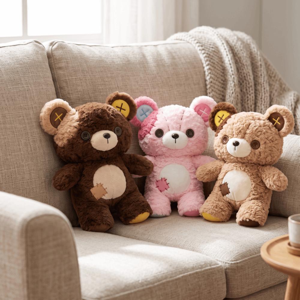 Stitched Button Ear Bear Plush Toy Patchwork Bear Stuffed Doll Button Bear Plush Doll Companion