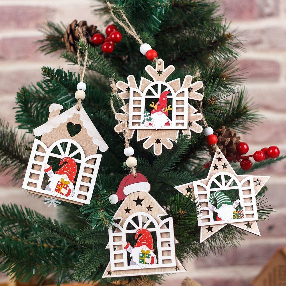 Santa Wooden House Faceless Pendant Pentagram Christmas Decorations Party