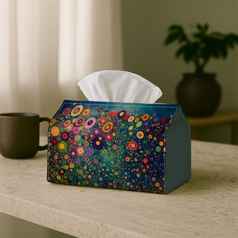 1pc Colorful Floral Tissue Box - Bright Abstract Flower Tissue Paper Holder for Car, Office - Decorative Napkin Holder, Rectangular Design Ideal for L