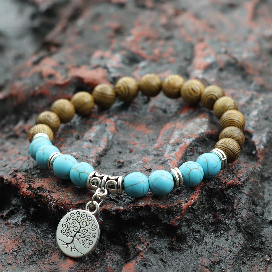 8mm Handmade Natural Stone and Wood Bracelet Lava Stone Men Brazelet Ethnic Style Tree of Life Turquoise Braslet Yoga Jewelry