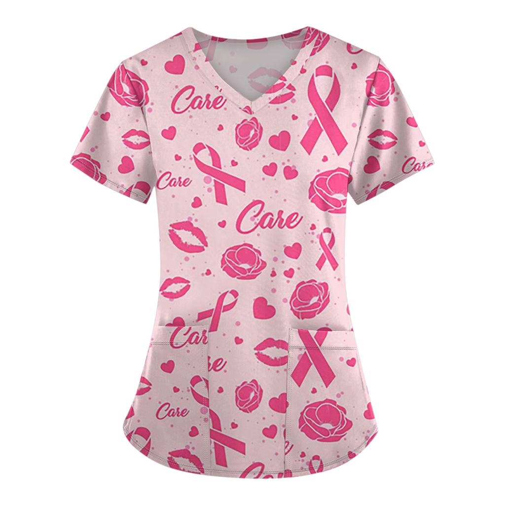 Женская модная рабочая одежда с v-образным вырезом и коротким рукавом с карманной футболкой с принтом.