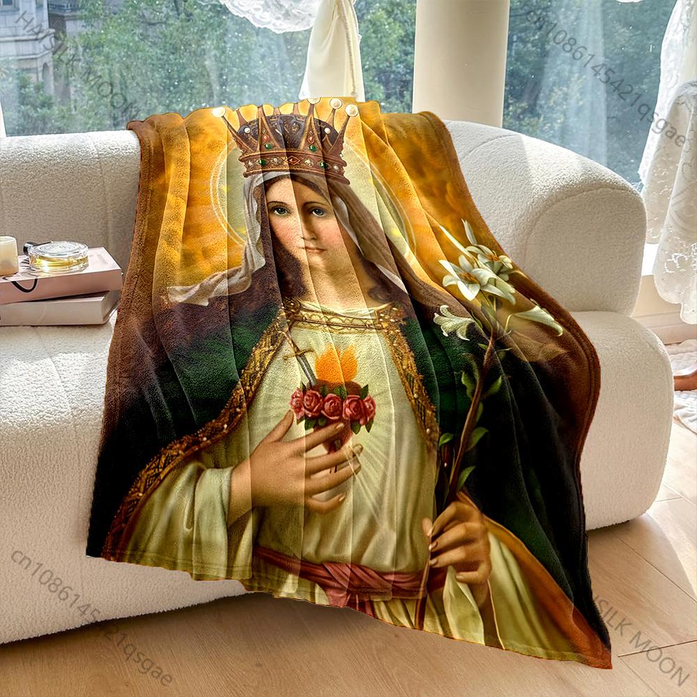 1PC Crowned icon with lilies Print Blanket Warm Soft Fluffy Kids and Adult Sofa Bed Throw Blanket Outdoor Travel Camping RV
