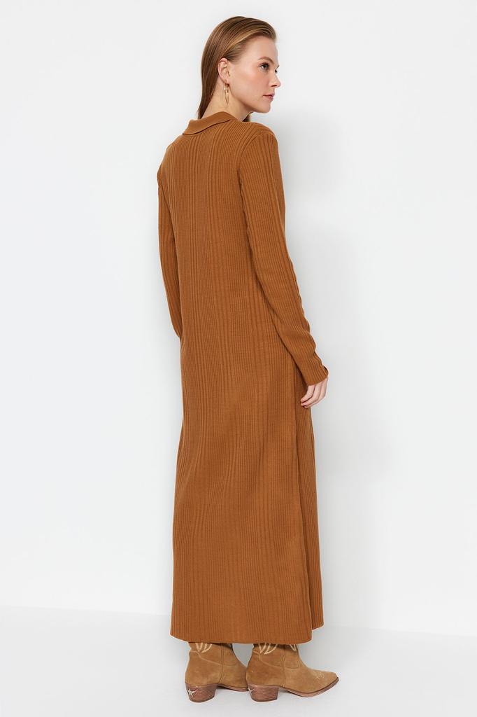 Женское модное новое платье-хиджаб верблюжьего цвета с воротником-поло, удобное трикотажное платье в рубчик