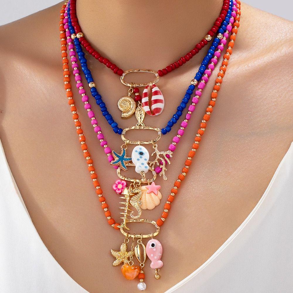 Handmade Fish Starfish Pendant Necklace Colorful Beads Boho Necklace Beaded Necklace Jewelry Gifts