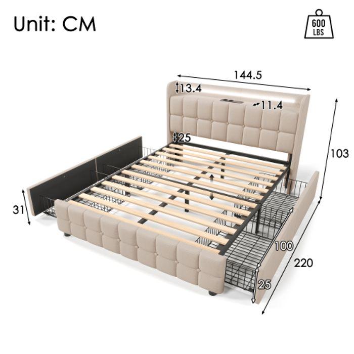 Lit - MUVOE - 140x200 cm - Rembourré avec USB - Éclairage LED - 4 tiroirs de rangement