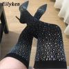 Design Women Crystal Rhinestone Stretch Fabric Sexy Sock Over-the-Knee Boots Pointed Toe Pole Shoes Black 1197-2