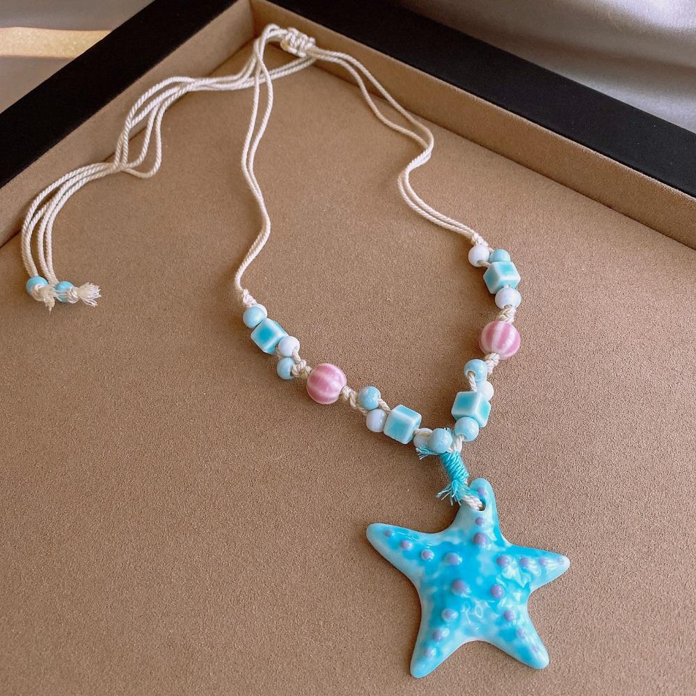Starfish Beaded Long Chain Necklace Ceramic Women Pendant Rope Necklace Bohemian Accessories