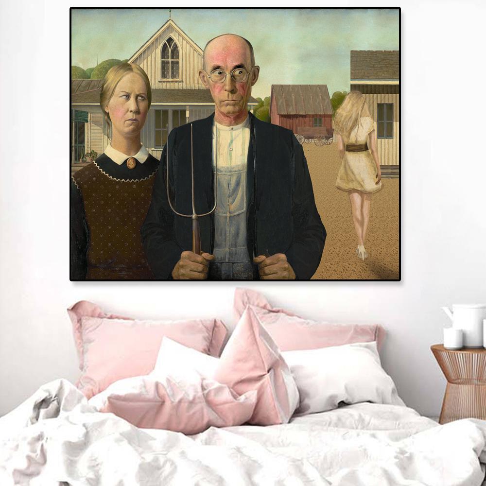 Vintage Portrait Poster American Gothic Art Print Canvas Painting Funny Design Wall Art Abstract Pictures for Gallery Home Decor