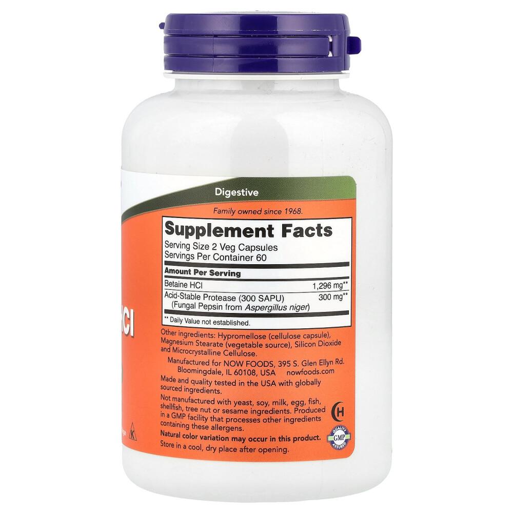 NOW Foods Betaine HCl 648mg Veggie Capsules, 120 Count