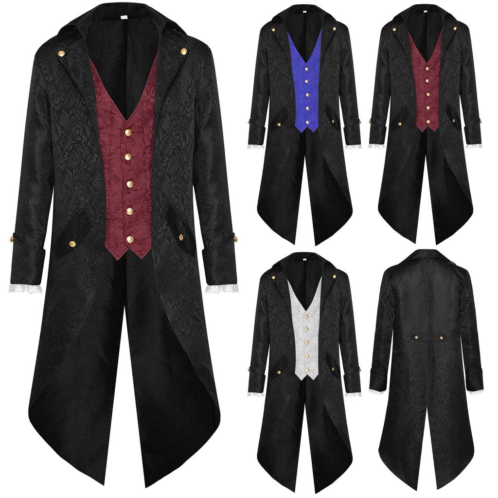 Halloween Costumes for Men Tuxedo One-piece Vest, Medieval Retro Costume, Mid Length Punk Men's Coat, Men Halloween Cosplay Vintage Punk Tops Party