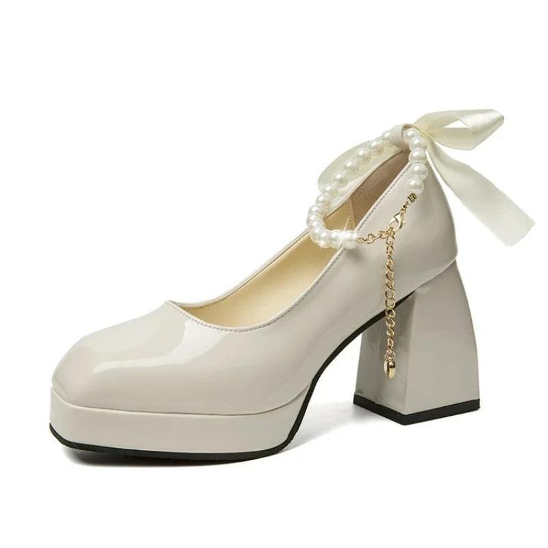 Модные туфли на высоком каблуке больших размеров для женщин 2024 года, осенние туфли Мэри Джейн с цепочкой и толстым каблуком, туфли-лодочки на платформе, модные туфли для платья