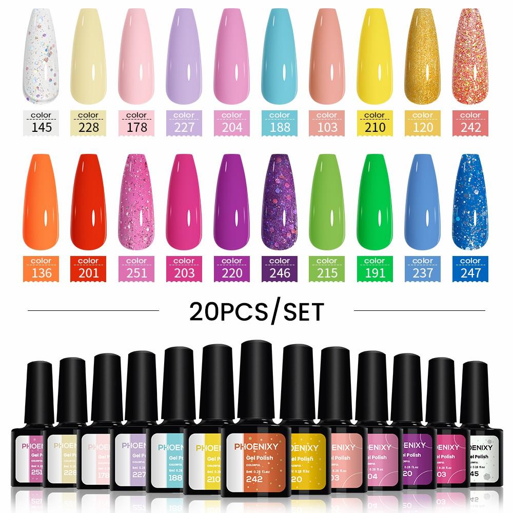 PHOENIXY, 20 шт., набор гель-лаков для ногтей, набор геля для замачивания с чистым цветом для дизайна ногтей, стартовый набор для начинающих, сделай сам, дома