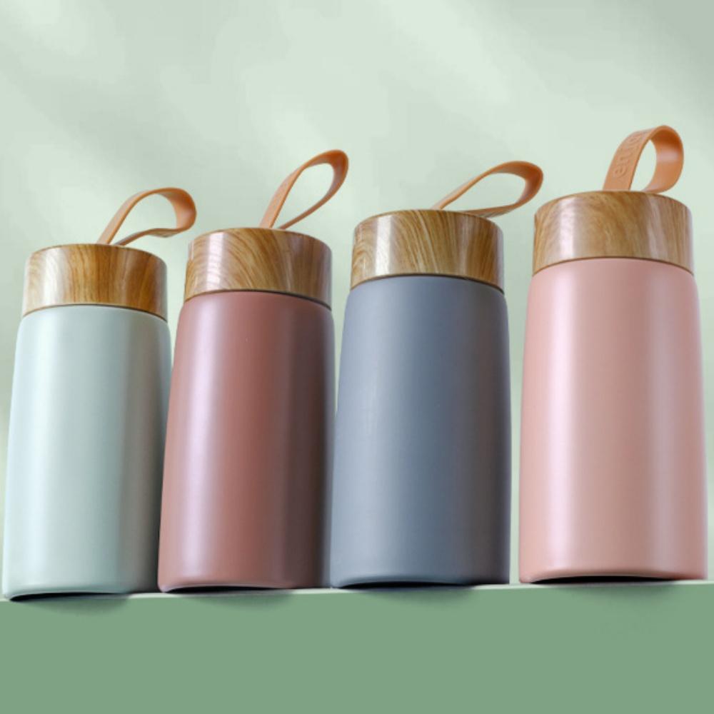 Wood Grain Lid Silicone Strap Mini Stainless Steel Tumbler Block Heat Exchange for Pocket Carry Daily Household Drinking