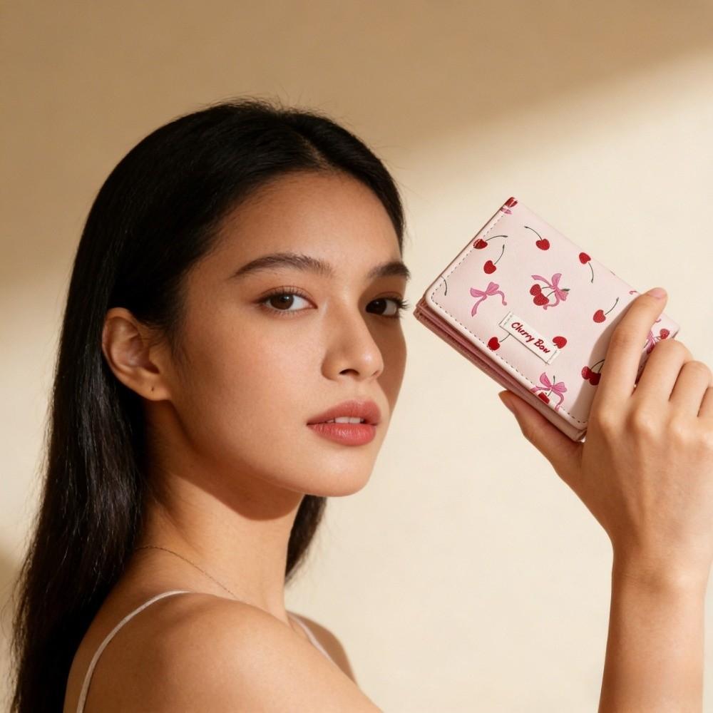 Printing Tri-fold Wallet Cherry Card Holder Cute PU Leather Wallet Daily