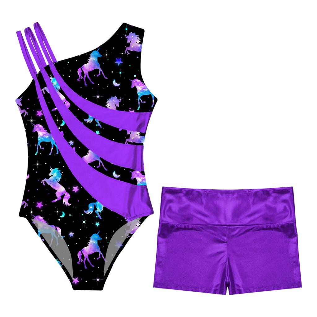 Детские гимнастические купальники без рукавов с асимметричными бретелями и шортами для девочек, спортивные танцевальные велосипедки