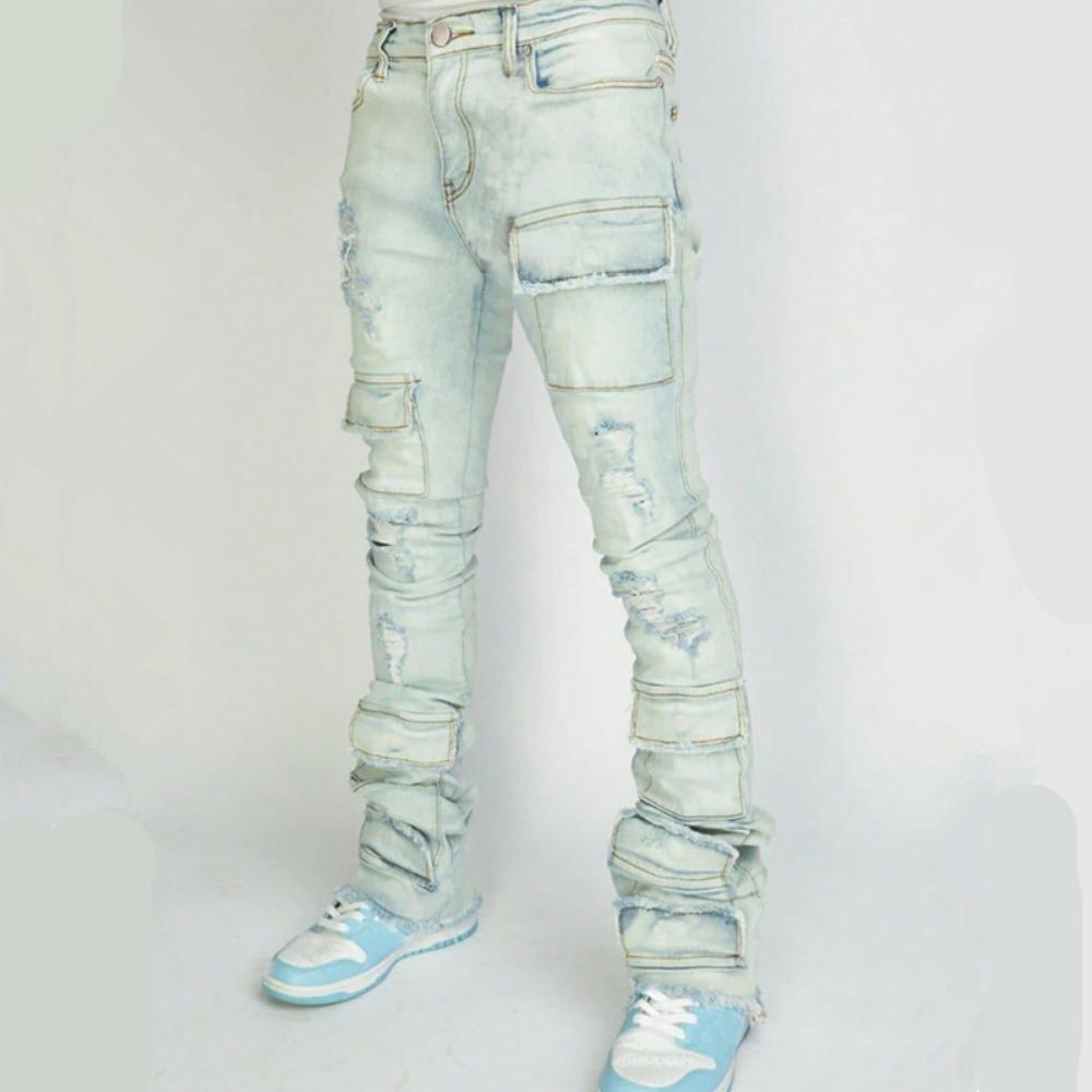 Streetwear Retro Style Men Ripped Spliced Slim Jeans Trousers Hip Hop Holes Stylish Denim Pants for Male