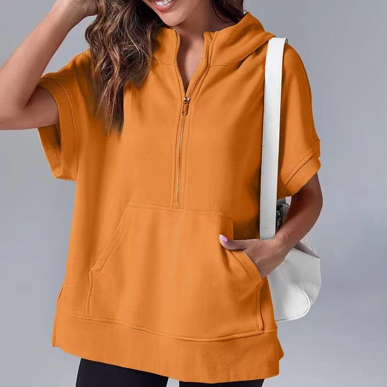 Весенняя женская однотонная модная повседневная толстовка с капюшоном и коротким рукавом