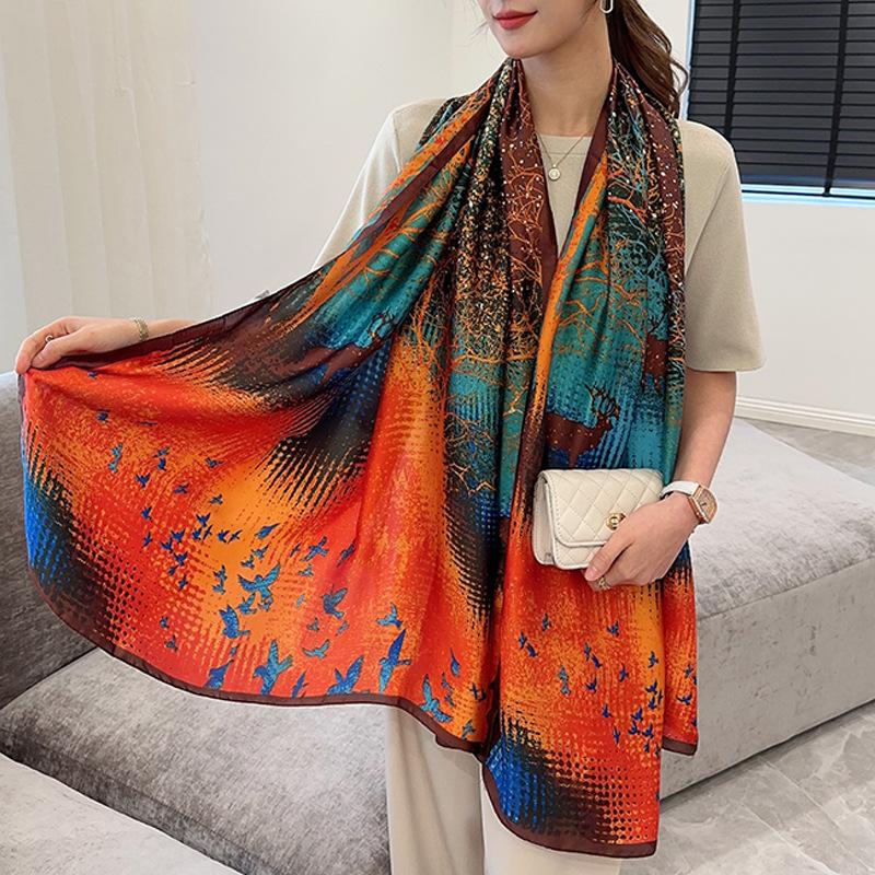 New Simple and Versatile Geometric Fashion Scarf Women's Thin Simulated Silk Shawl Sunscreen Long Large Size Silk