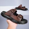 Fashion Premium Mens Leather Slippers Adjustable Buckle Slides Non-Slip Sole Man Wading Aqua Shoes Comfortable Summer Half Drag Slippers