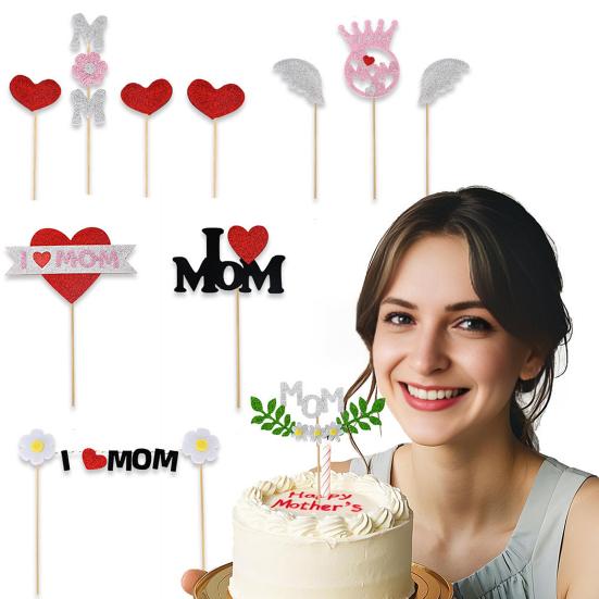 Mother's Day Cake Toppers I Love Mom Cupcake Topper Picks Glitter Hearts Flowers Crown Picks for Mom's Birthday Party Cake Decor