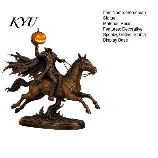 Sleepy Hollow Knight Ornament Headless Horseman Statue with LED Pumpkin Light, Resin Halloween Dark Retro Tabletop Figure Figurine, Horror Sculpture