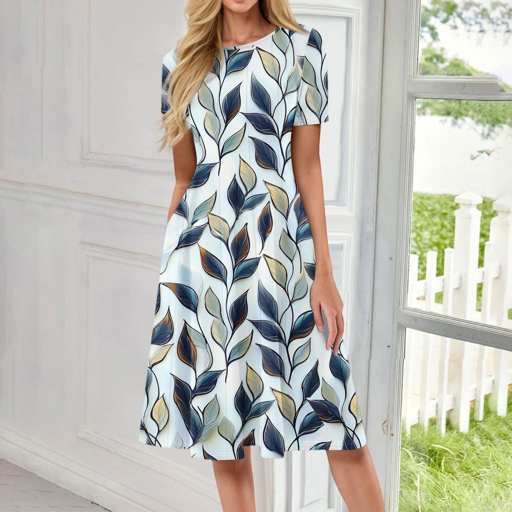 Women's Fashionable Print Round Neck Loose Short Sleeved Pocket Pullover Dress