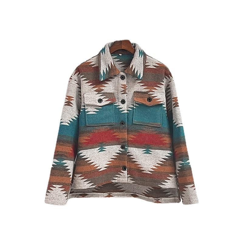 Куртка с лацканами, однобортная куртка, жаккардовое пальто с геометрическим рисунком, пальто в этническом стиле, женское шерстяное плотное пальто, осеннее и зимнее пальто
