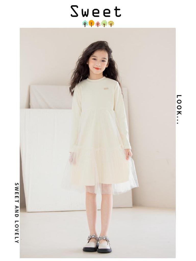 Стильное платье для девочек с длинными рукавами и юбкой из сетчатого тюля на весну и осень 2025 г.