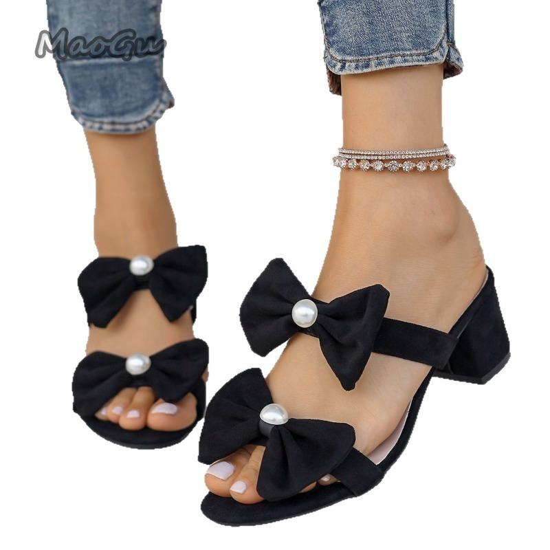 Fashion Summer Women's Footwear Thick Heel Sandals Women Fashion Pointed Toe Butterfly Knot Anti-slip Slippers Sandalias De Mujer Size36