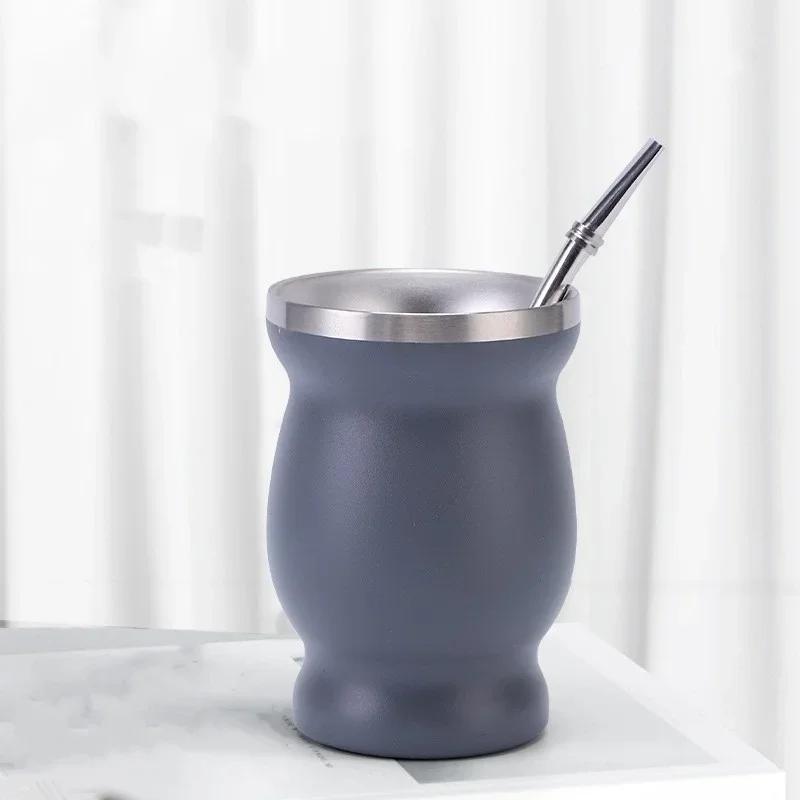 240ml Stainless Steel Mate Cup Argentinean Gourd Shaped Double Insulated Cup Mini Gourd Cup with Stir Filter Straw Spoon Set