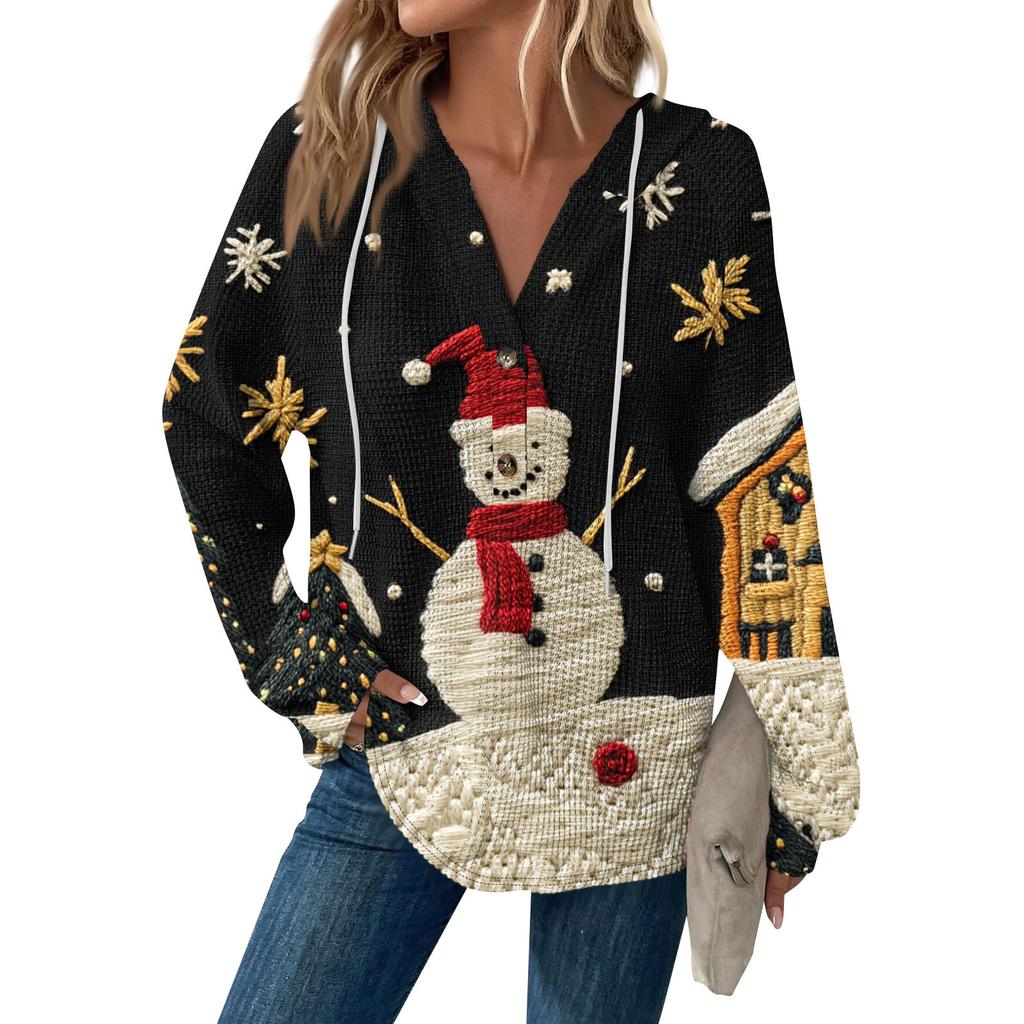 Женская мода с длинным рукавом, завязками на шнурке, капюшоном, пуговицами, V-образным вырезом, повседневная толстовка с капюшоном и рождественским принтом