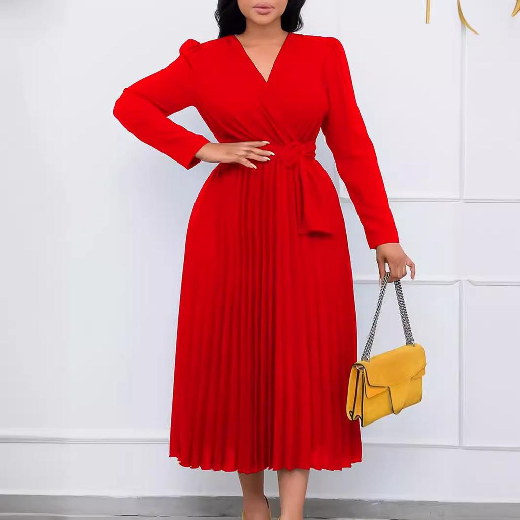 Новое женское платье с короткими рукавами и длинными рукавами, на шнуровке, однотонное, V-образное, узкое, плиссированное, большого размера