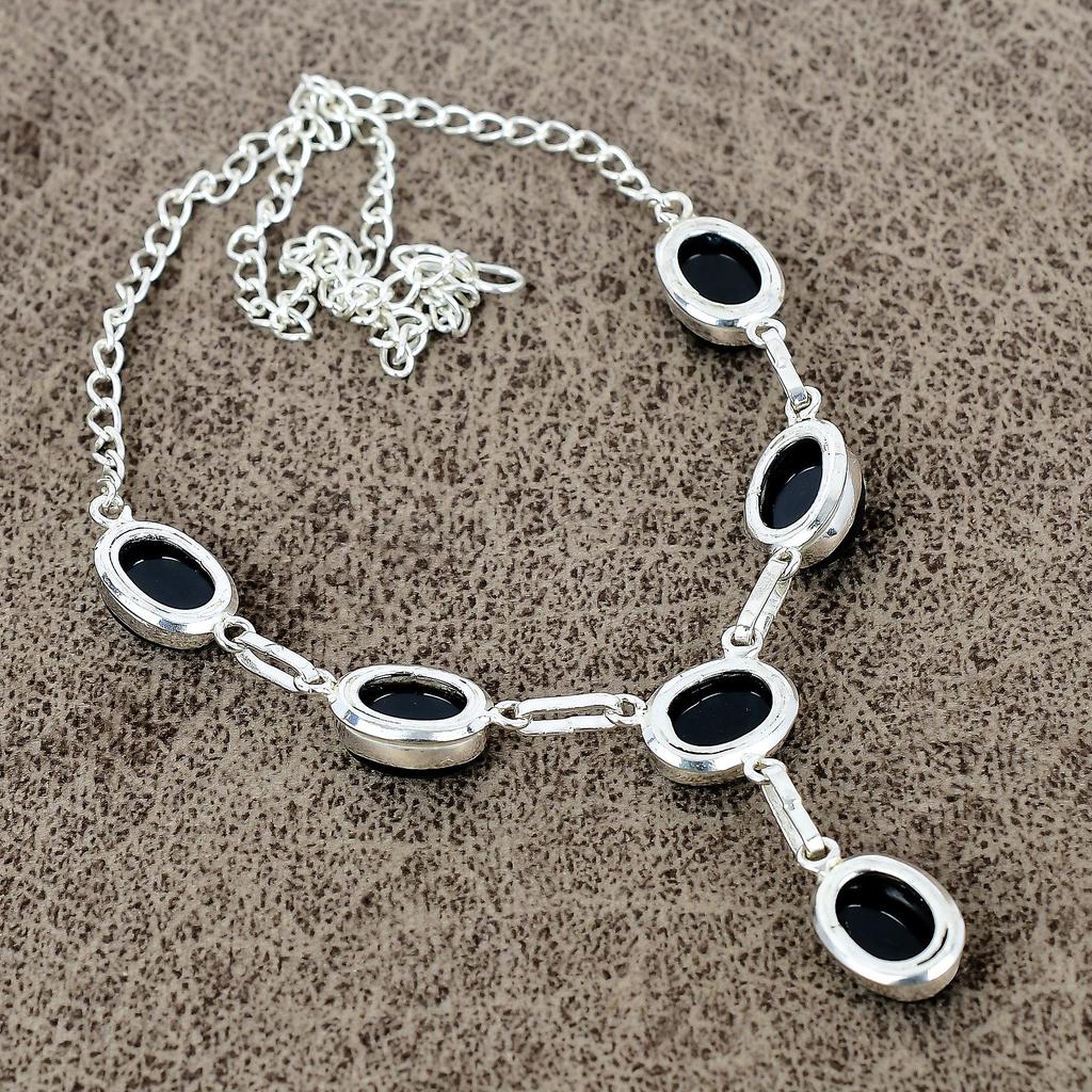 Black Onyx Gemstone Handmade 925 Sterling Silver Jewelry Necklace 18" KKG-402