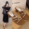 Square Head Slope Heel Pinch Foot Women's Flip-flops 2025 Spring and Summer New Casual Wear Fashion Versatile Temperament Sandals
