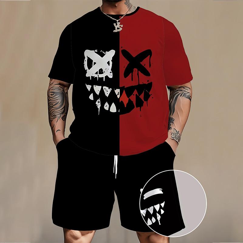 Мужской костюм, летний повседневный дышащий освежающий костюм с принтом 3D Evil Face, большой мужской свободный топ, модный с короткими рукавами