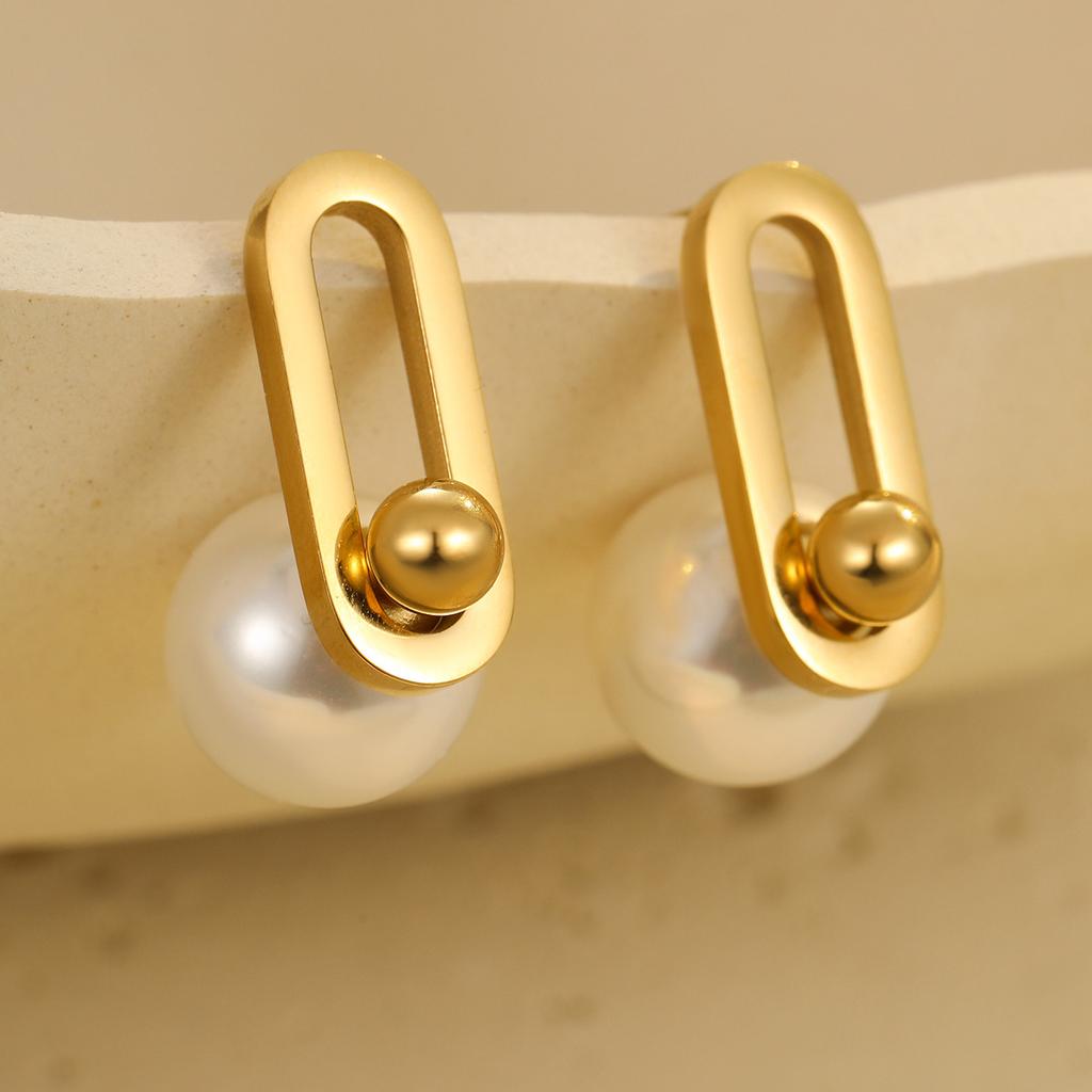 GEMCHIC Women's Minimalist Geometric Faux Pearl Stainless Steel Stud Earrings Gold Plated Elegant Fashion Jewelry