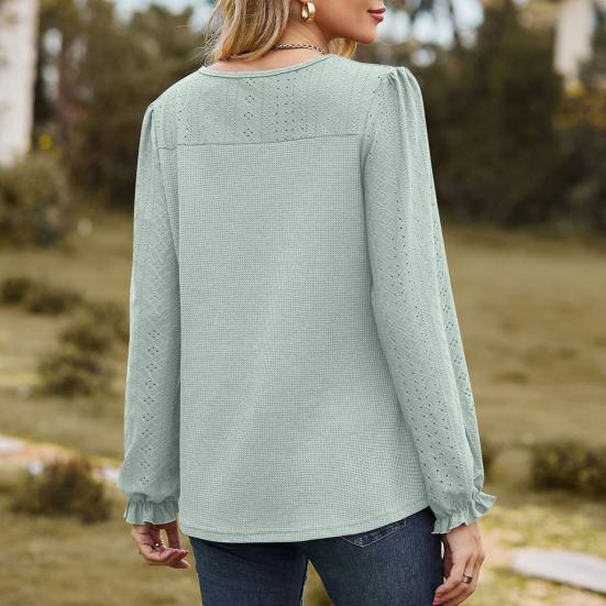 Женские топы с длинным рукавом и круглым вырезом, сетчатые топы, однотонные, дышащие, с рукавами-фонариками, повседневная футболка, повседневная одежда