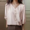 ZANZEA Women Casual V-Neck Loose 3/4 Sleeve Stripe Blouse