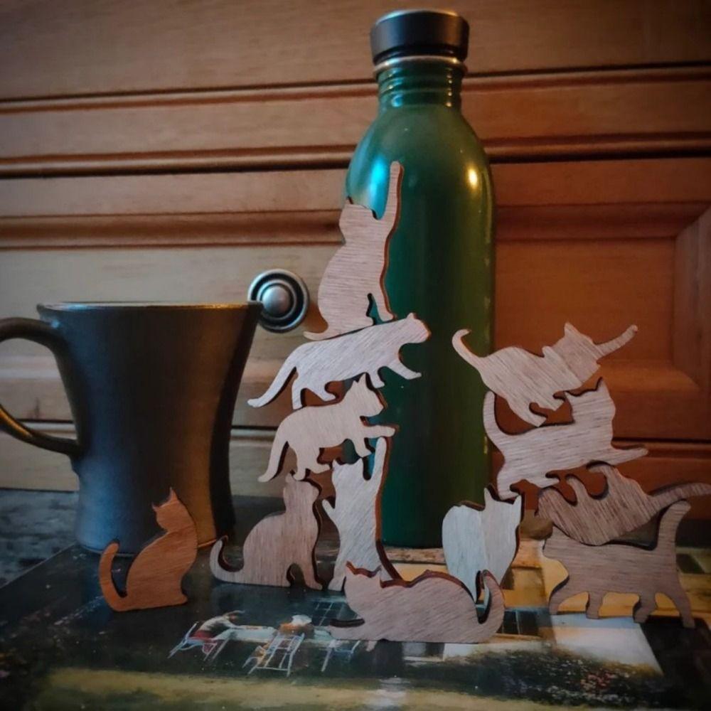 Mini Wooden Tower Toy Cat Desktop Yoga Cat New Cat Figurines Set Gifts