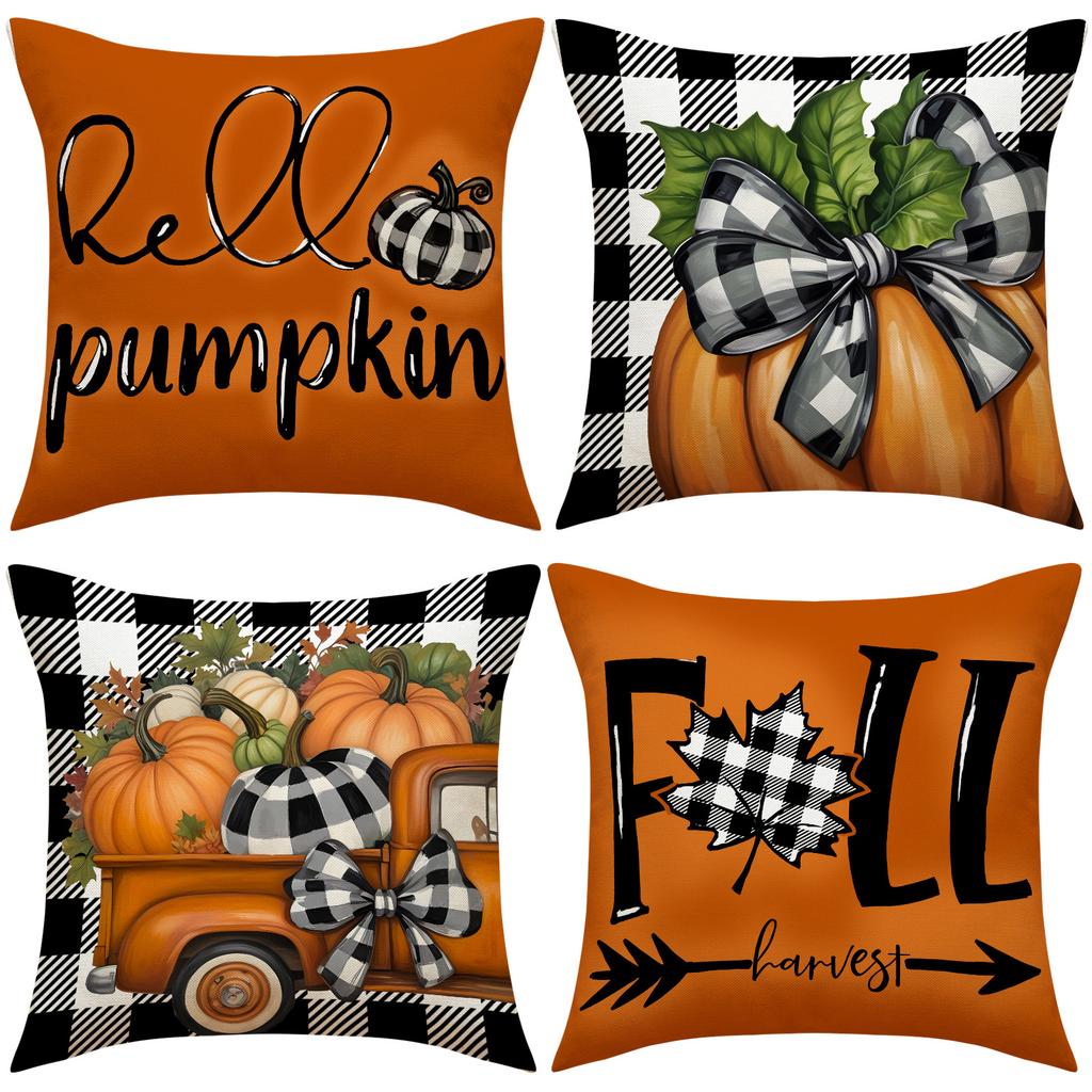Fall Thanksgiving Throw Pillow Covers 18x18 Set of 4 Pumpkin Maple Leaf Decorative Cushion Cases for Sofa Couch Farmhouse Home Decor