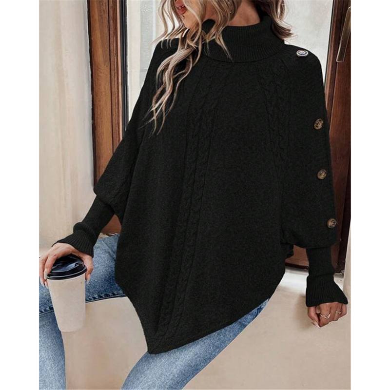 Осень Зима Женский Свитер с Переплетением Водолазка Пуговицы Рукав Летучая Мышь Чувство Дизайна Уличная Одежда Пуловер Женский Топ с Индивидуальностью