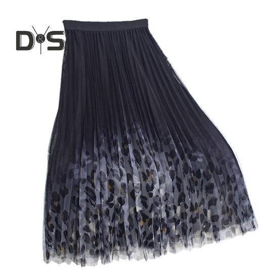 Женская юбка миди, эластичная юбка А-силуэта с высокой талией, сетчатая пряжа с леопардовым принтом, осенне-зимняя юбка, свободная плиссированная юбка