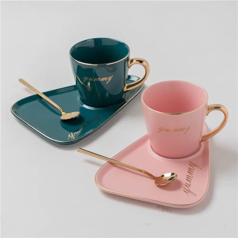 Solid Color Nordic Style Gold Plated Coffee Cup Ceramic Water Cup Mug Breakfast Cup Milk Cup Afternoon Tea Coffee Cup Plate Two Piece Set