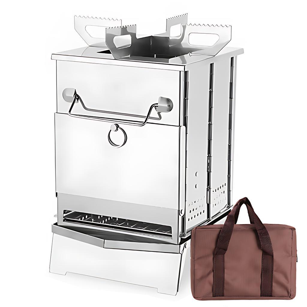 Portable Camping Wood Burning Stove Foldable Small Stainless Steel Tent Stove with Stove Holder Ash