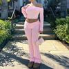 Pink Off Shoulder Elegant 2 Piece Sets Women Slash Neck Sexy Crop Top Solid Flare Pants Female Sport Outfits Party Festival Y2K