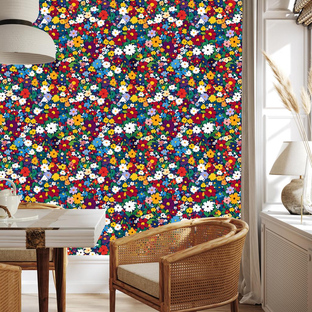 Wallpaper Small Flowers Blue and Red for Living Room and Bedroom 50x1000